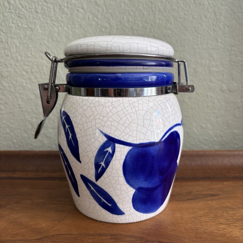 Vintage DesignPac Pear Canister Jars Crackle Glaze Blue White Clamp Lid